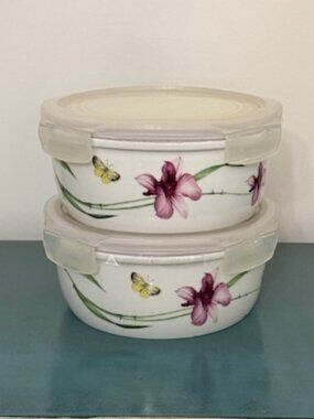 Lock & Lock Floral Ceramic Containers & Lids Floral & Butterflies Set of 2